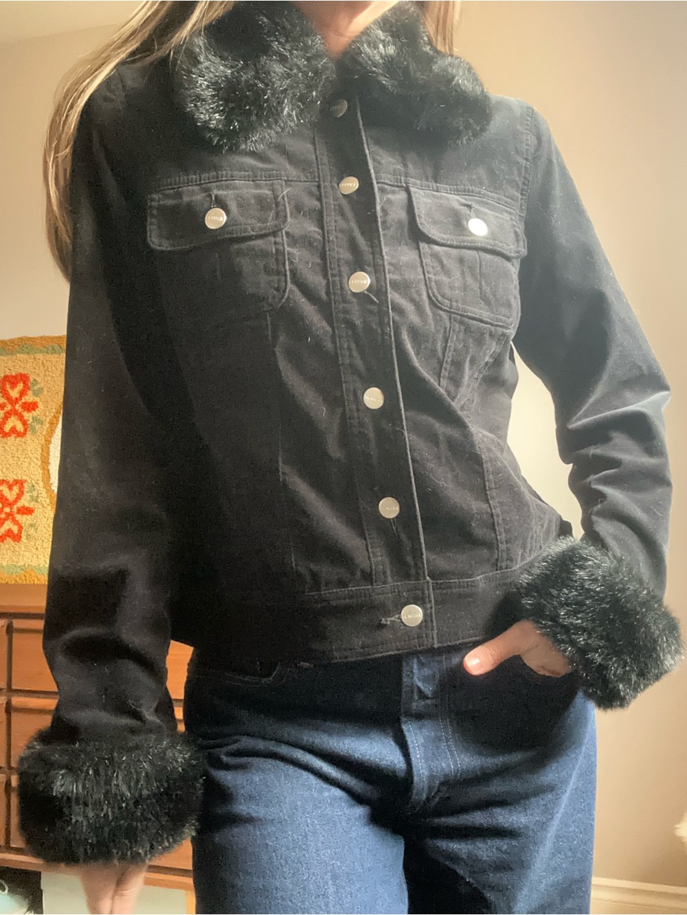 Black Faux-Fur Trim Boxy Button Up Jacket